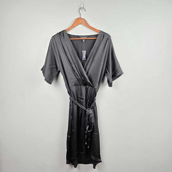 WHBM Short Sleeve Kimono Satin‎ Wrap Dress Black Womens Size M Cocktail Party - Picture 3 of 15